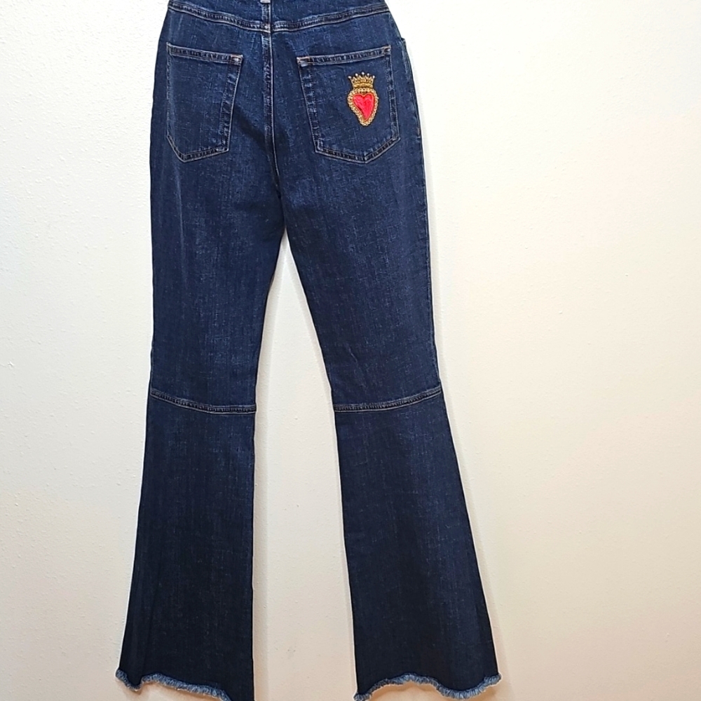 Dolce & Gabbana Denim Jeans with Red Heart and Gold Crown Embroidery